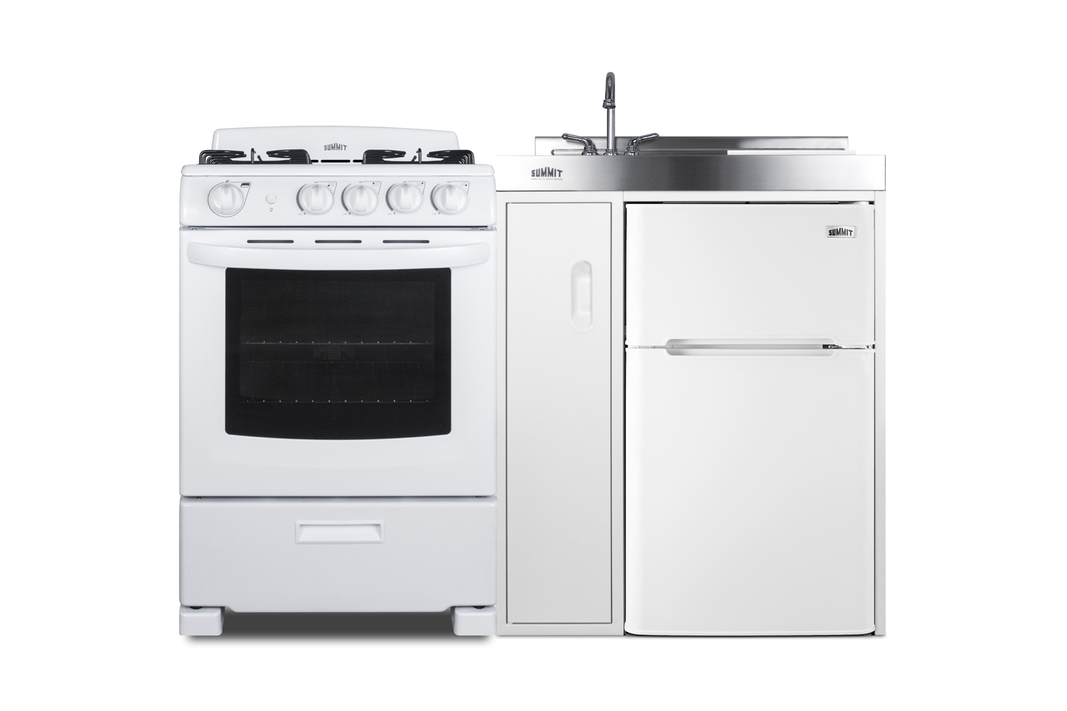 54 inch wide all-in-one kitchenette with 115V 4-burner gas range, refrigerator-freezer, sink, cutting board and cutlery storage, and a storage cabinet